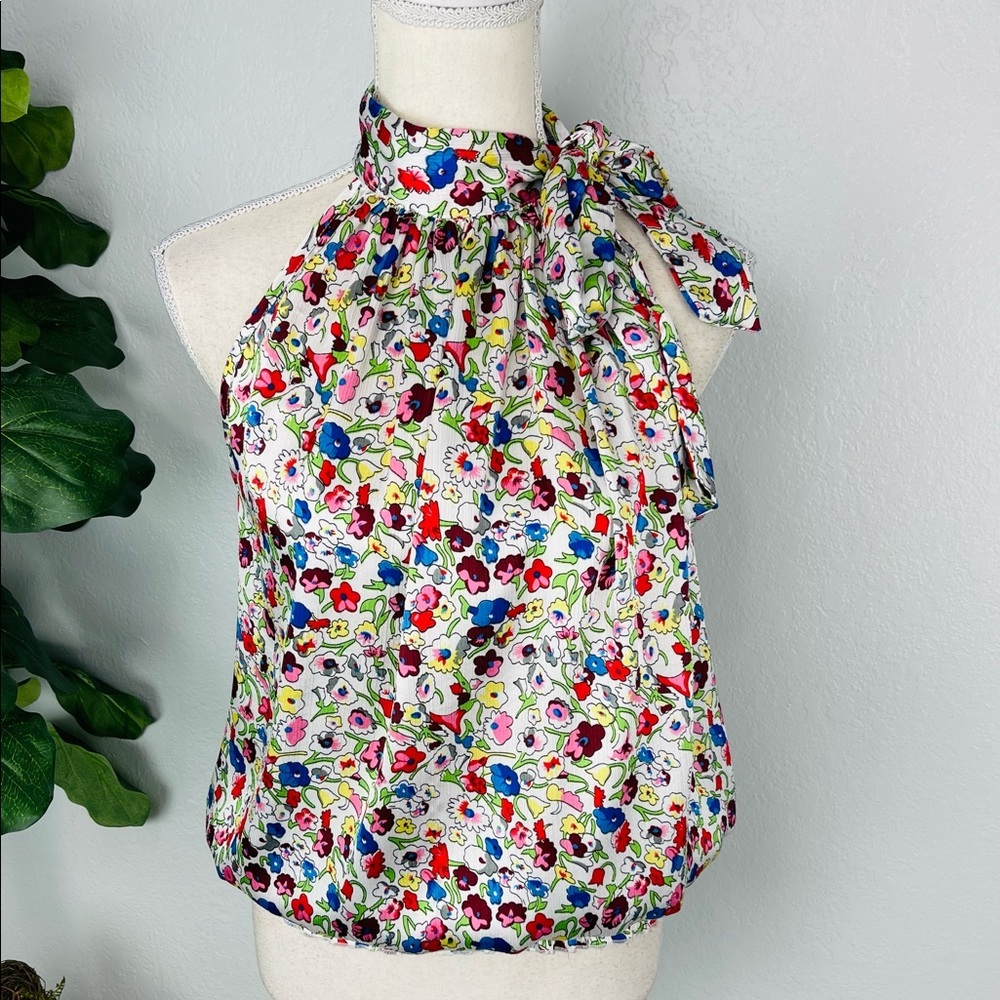 Cotton Express Floral Satin Sleeveless Smocked Waist Halter Top